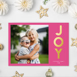 Bold Colourful JOY Christmas Photo Foil Holiday Card<br><div class="desc">This fun, bold Christmas holiday photo card features typography reading, "JOY" in real gold foil over a custom colour background (shown in bright magenta pink). The back contains a matching overlapping tissue paper Christmas trees design, which has a crafted, decoupage look. This playful card evokes a sense of laughter, love,...</div>