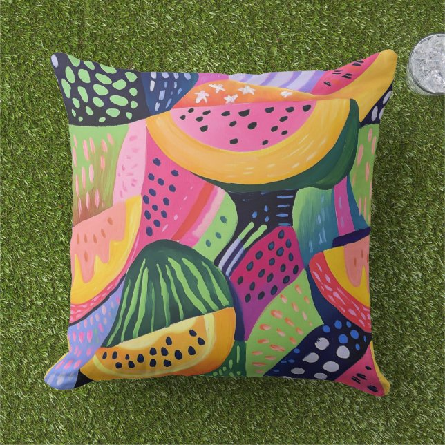 Bold Colourful Melon Summer Fruits Painting Outdoor Pillow (Grass)