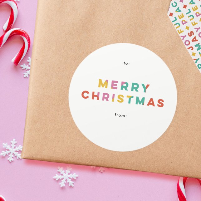 Bold Colourful Merry Christmas  Classic Round Sticker (modern, bright, colorful Merry Christmas sticker)