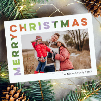 Bold Colourful Merry Christmas Typography Photo Holiday Card