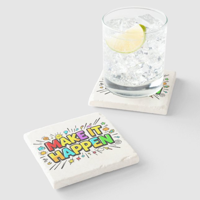 Bold colourful motivational quote stone coaster (Side)