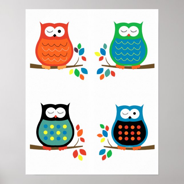 Bold Colourful Owls Nursery Prints (Four 8x10) (Front)