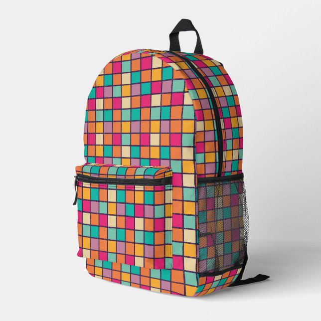Bold Colourful Patchwork Printed Backpack (Back Corner Right)