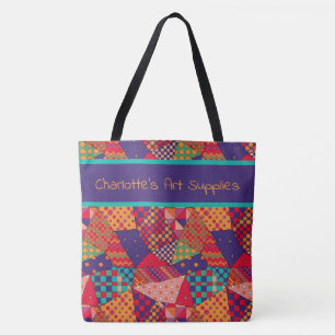 Bold colourful pattern, personalized art supplies tote bag