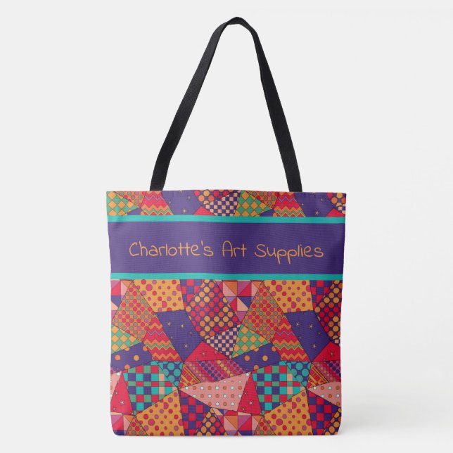 Bold colourful pattern, personalized art supplies tote bag (Front)