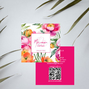 Bold colourful pink flowers chic modern template square business card