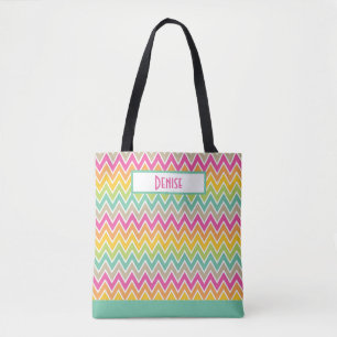Bold, Colourful Rainbow Chevron Pattern Monogramme Tote Bag