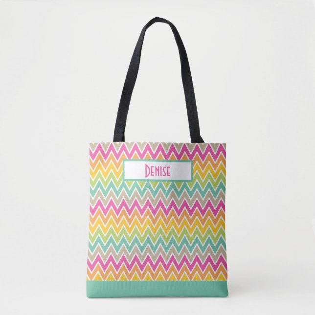 Bold, Colourful Rainbow Chevron Pattern Monogramme Tote Bag (Front)