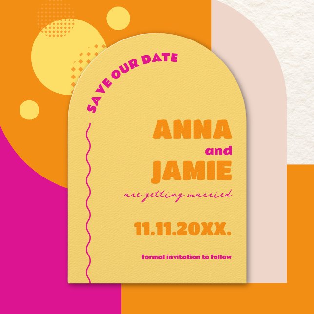 Bold Colourful Retro Arch Wedding Save the Date Invitation (Funky Groovy 70s Colorful Bold Retro Typography Arch Unique Wedding Save the Dates)