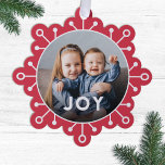 Bold Colourful Snowflake Joy Photo Christmas Ornament Card<br><div class="desc">Send unique holiday greetings with these fun photo Christmas cards that double as ornaments or large gift tags! They feature a simple snowflake design, modern typography reading JOY, and a circle shaped photo template over a red background. A dark gradient over the bottom of your photo allows the text to...</div>