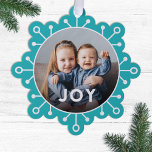 Bold Colourful Snowflake Joy Photo Christmas Ornament Card<br><div class="desc">Send unique holiday greetings with these fun photo Christmas cards that double as ornaments or large gift tags! They feature a simple snowflake design, modern typography reading JOY, and a circle shaped photo template over an aqua background. A dark gradient over the bottom of your photo allows the text to...</div>