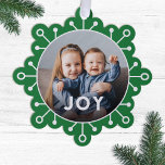 Bold Colourful Snowflake Joy Photo Christmas Ornament Card<br><div class="desc">Send unique holiday greetings with these fun photo Christmas cards that double as ornaments or large gift tags! They feature a simple snowflake design, modern typography reading JOY, and a circle shaped photo template over a bright green background. A dark gradient over the bottom of your photo allows the text...</div>