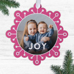 Bold Colourful Snowflake Joy Photo Christmas Ornament Card<br><div class="desc">Send unique holiday greetings with these fun photo Christmas cards that double as ornaments or large gift tags! They feature a simple snowflake design, modern typography reading JOY, and a circle shaped photo template over a bright pink background. A dark gradient over the bottom of your photo allows the text...</div>