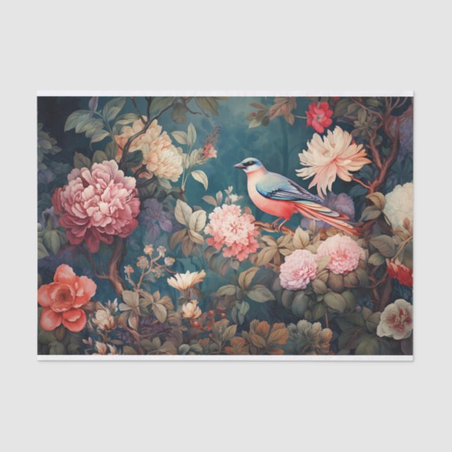 Bold, colourful Toile de Jouy bird and florals Tissue Paper (Front)