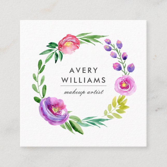 Bold Colourful Watercolor Floral Wreath | White Square Business Card (Front)