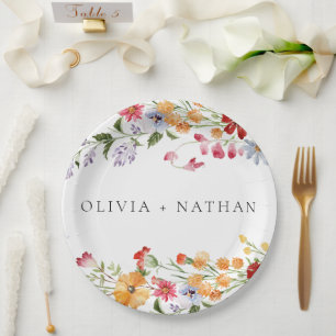 Bold Colourful Watercolor Wildflowers Wedding Paper Plate
