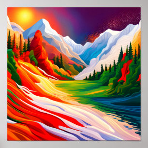 Bold Colours Mountain Forest River Landscape Poster
