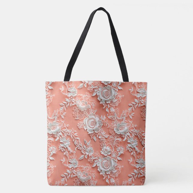 Bold Coral Floral Lace Large Shoulder Tote (Front)