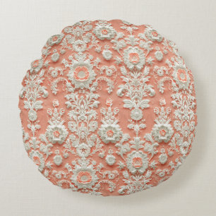 Bold Coral Lace-Effect Round Throw Pillow