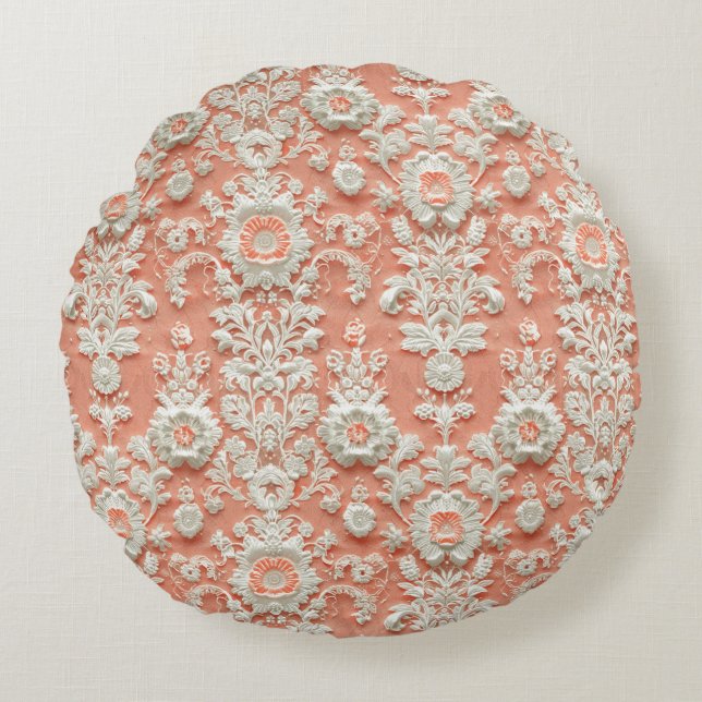 Bold Coral Lace-Effect Round Throw Pillow (Front)