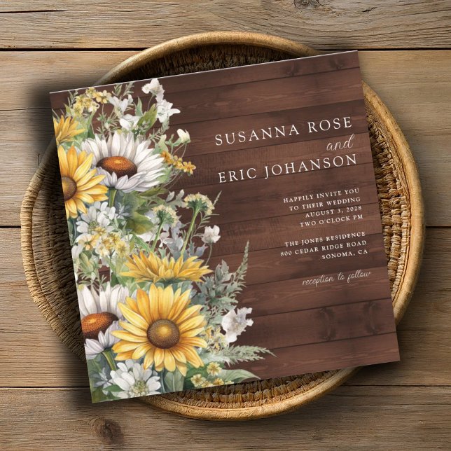 Bold Country Daisies Wood Wedding Invitation (Creator Uploaded)