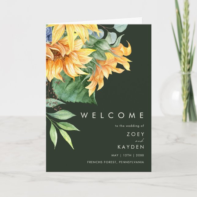 Bold Country Sunflower | Dark Green Folded Wedding Program (Front)