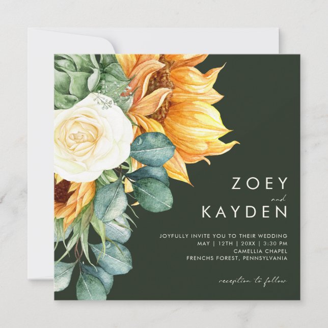 Bold Country Sunflower | Dark Green Square Wedding Invitation (Front)