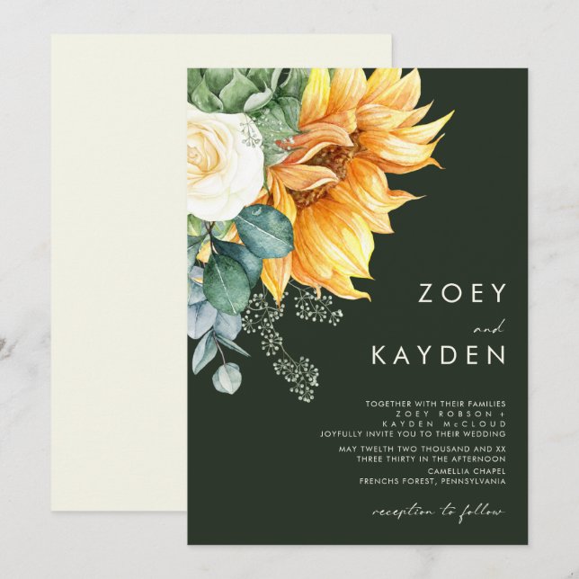 Bold Country Sunflower | Dark Green Wedding Invitation (Front/Back)