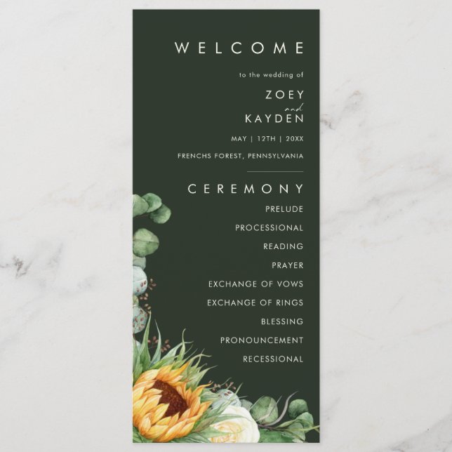 Bold Country Sunflower | Dark Green Wedding Program (Front)