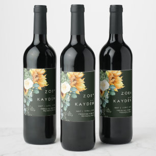 Bold Country Sunflower Dark Green Wedding Wine Label
