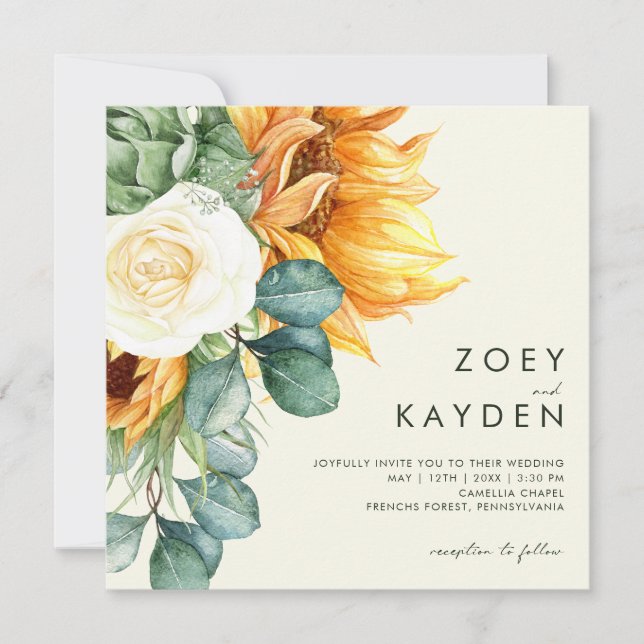Bold Country Sunflower Light Yellow Square Wedding Invitation (Front)