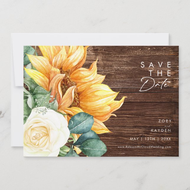 Bold Country Sunflower Script | Wood Horizontal Save The Date (Front)