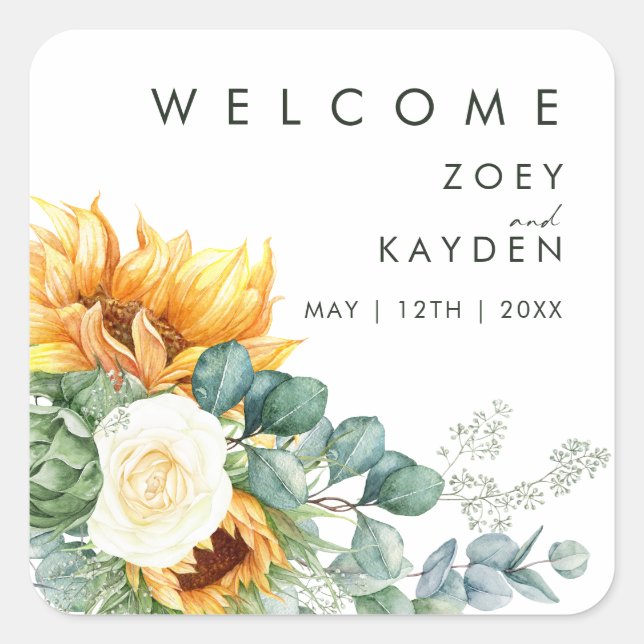 Bold Country Sunflower | Wedding Welcome Square Sticker (Front)
