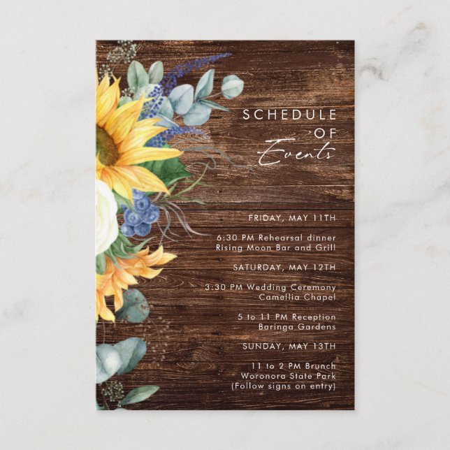Bold Country Sunflower | Wood Schedule of Events Enclosure Card (Front)