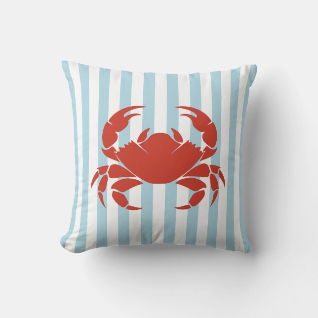 Bold Crab and Blue Stripes Ocean Beach Decor Throw Pillow (Front)