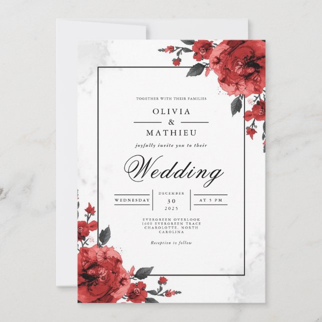 Bold Crimson Floral Wedding Invitation (Front)