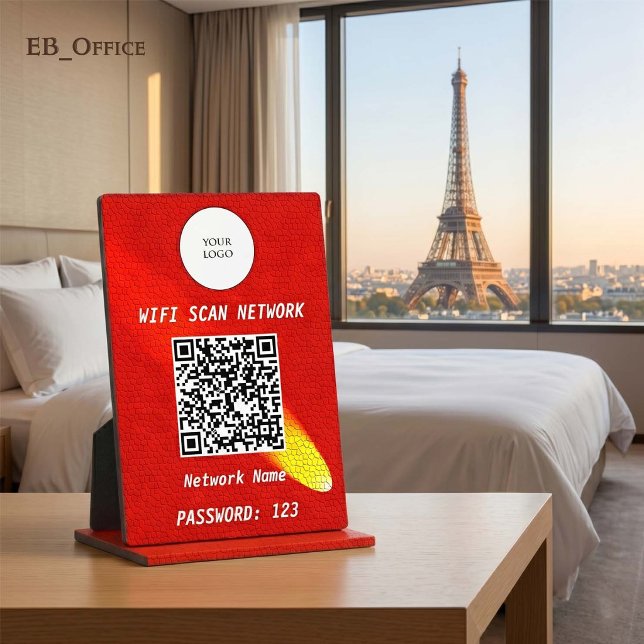 Bold Crimson Red Leather Spotlight QR Code Wifi Plaque (Luxury QR Code Wi-fi Tabletop Sign
& Logo
•	Red Leather pattern
•	5” x 7”
)