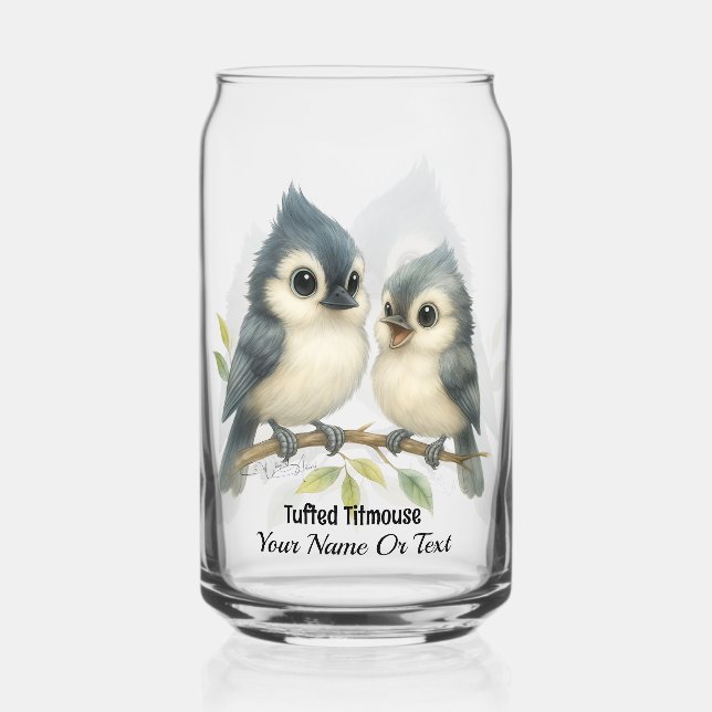 Bold Curious Tufted Titmouse Can Glass (Front)