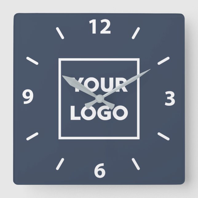 Bold Custom Business Logo on Navy Blue Square Wall Clock (Front)