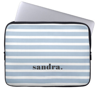 Bold Custom Name Dusty Blue Stripes Personalized Laptop Sleeve