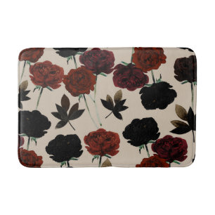Bold Dark Floral Red & Black Beige Botanical Bath Mat