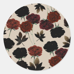 Bold Dark Floral Red & Black Beige Botanical Classic Round Sticker