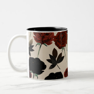 Bold Dark Floral Red & Black Beige Botanical Two-Tone Coffee Mug