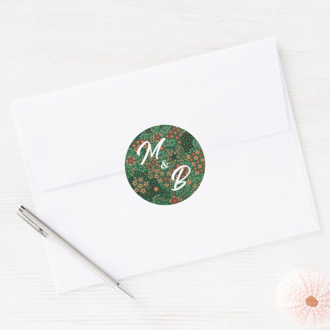Bold Dark Green Red Floral Textile Pattern Wedding Classic Round Sticker (Envelope)