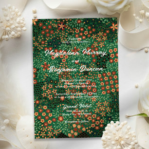 Bold Dark Green Red Floral Textile Pattern Wedding Invitation