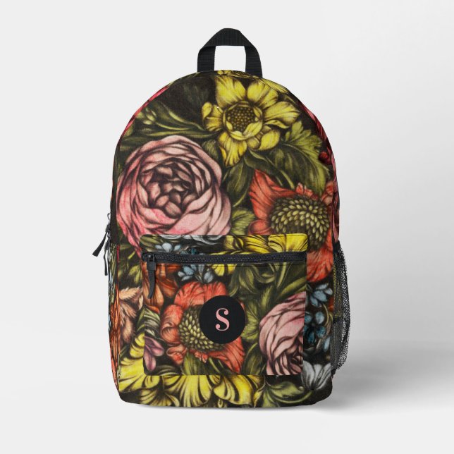 Bold Dark Vintage Florals Blush Pink Monogram Printed Backpack (Front)