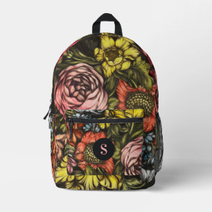Bold Dark Vintage Florals Monogram Printed Backpack