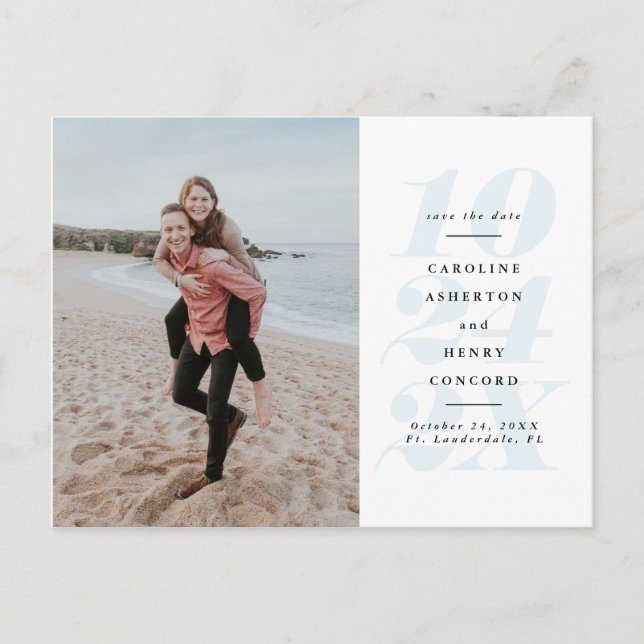 Bold date blue save the date photo postcard (Front)