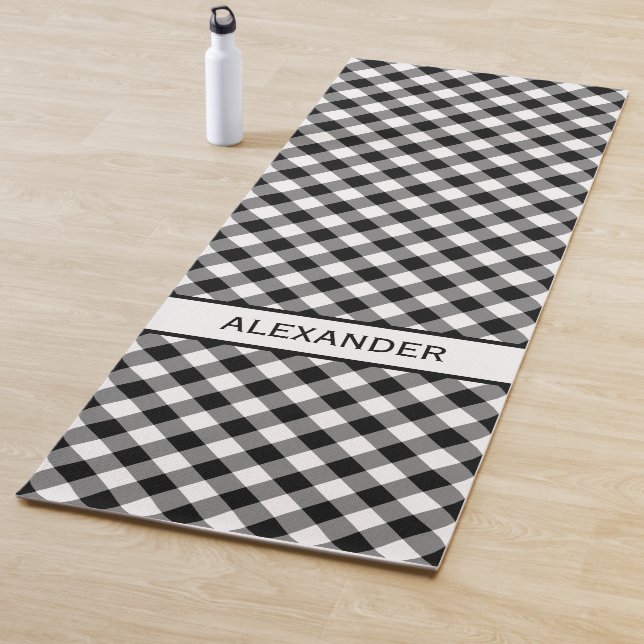 Bold Diagonal Black White Buffalo Plaid Your Name Yoga Mat (In Situ)
