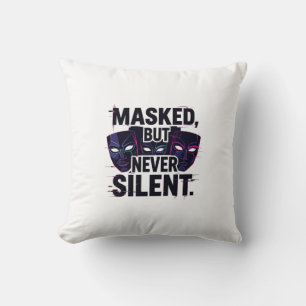 Bold Digital Art with Three Stylized Masks and "Ma Throw Pillow